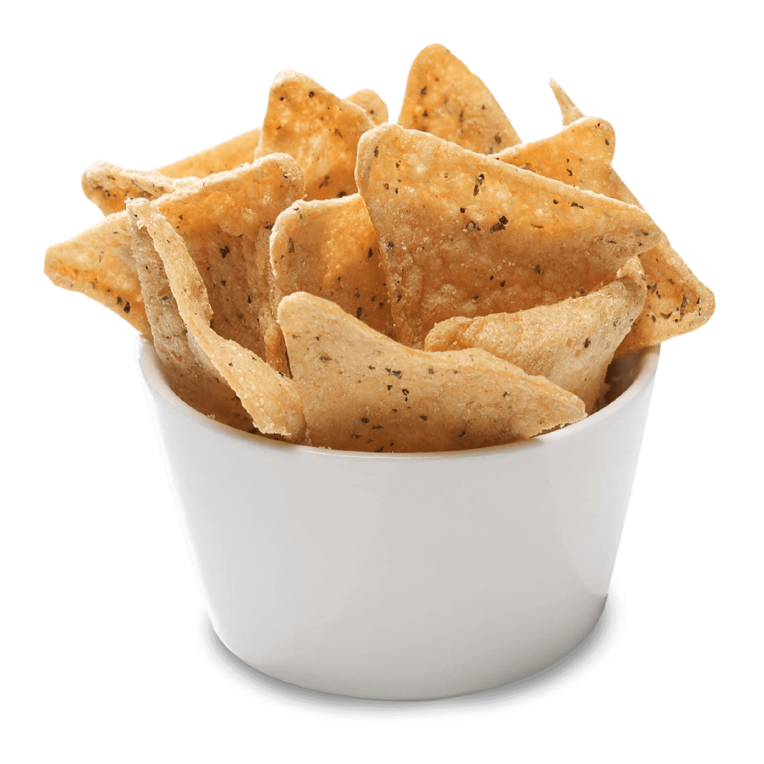 Protein chips in a white bowl, crispy and seasoned for a healthy snack option.